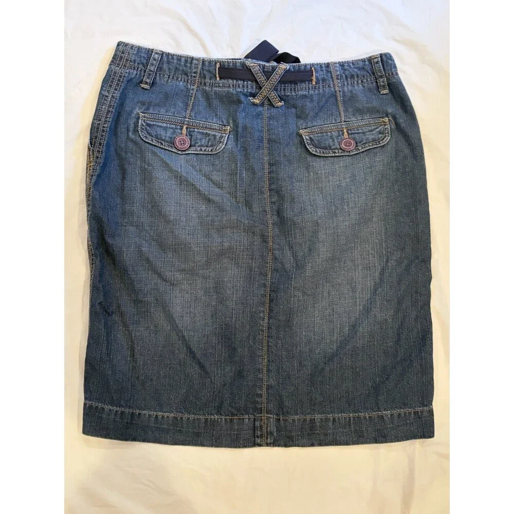 Eddie Bauer Denim Skirt Women's Size 10 Blue Medium Wash Ribbon Belt Above Knee